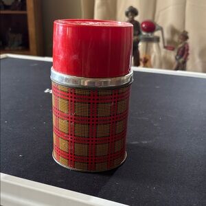 Vintage Aladdin Red Plaid Insulated Food Canister - Bright Red Lid